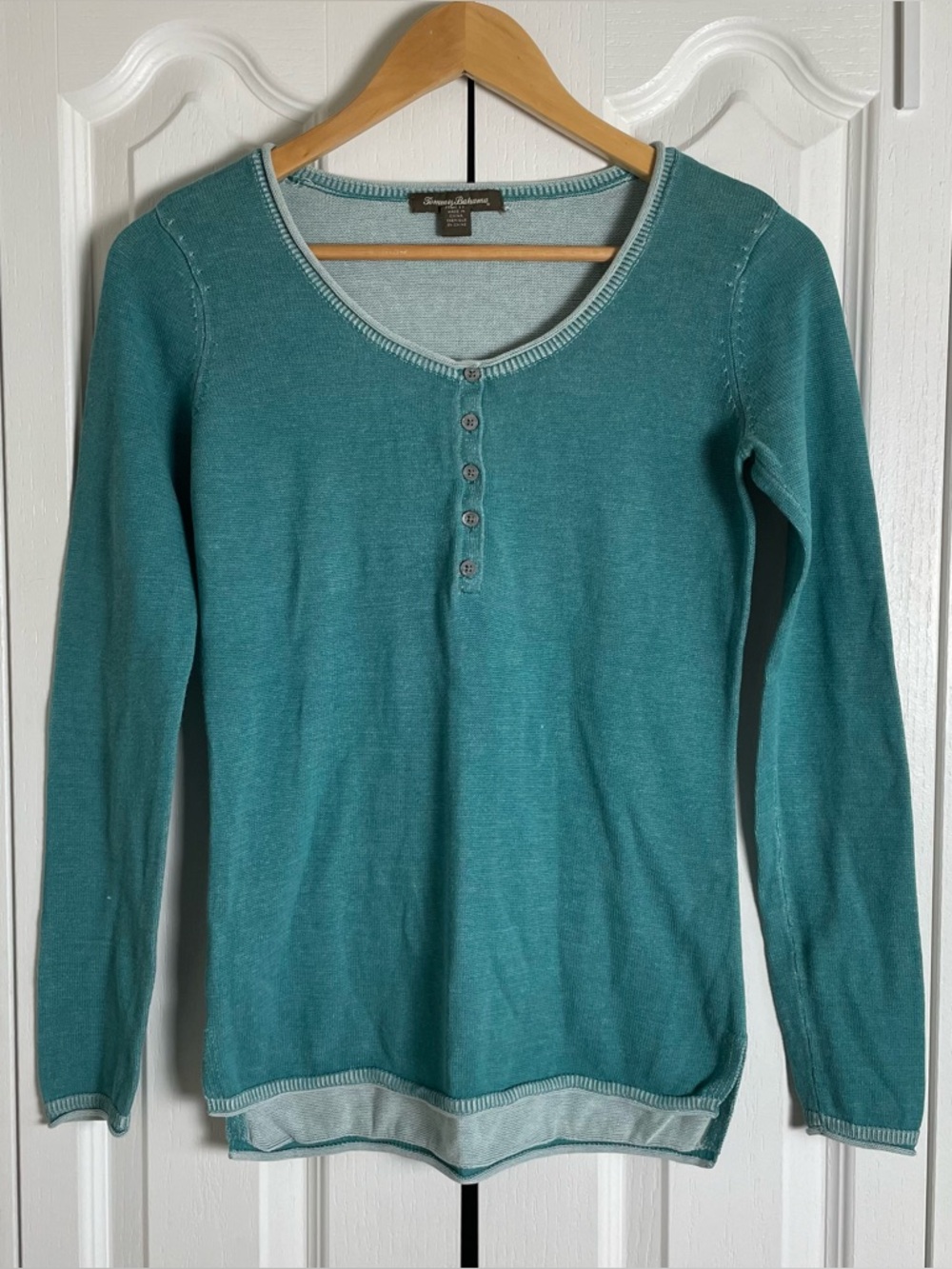 Tommy Bahama Thierry Henley Knit Tunic Top Women's XS Blue Resort Cotton Blend